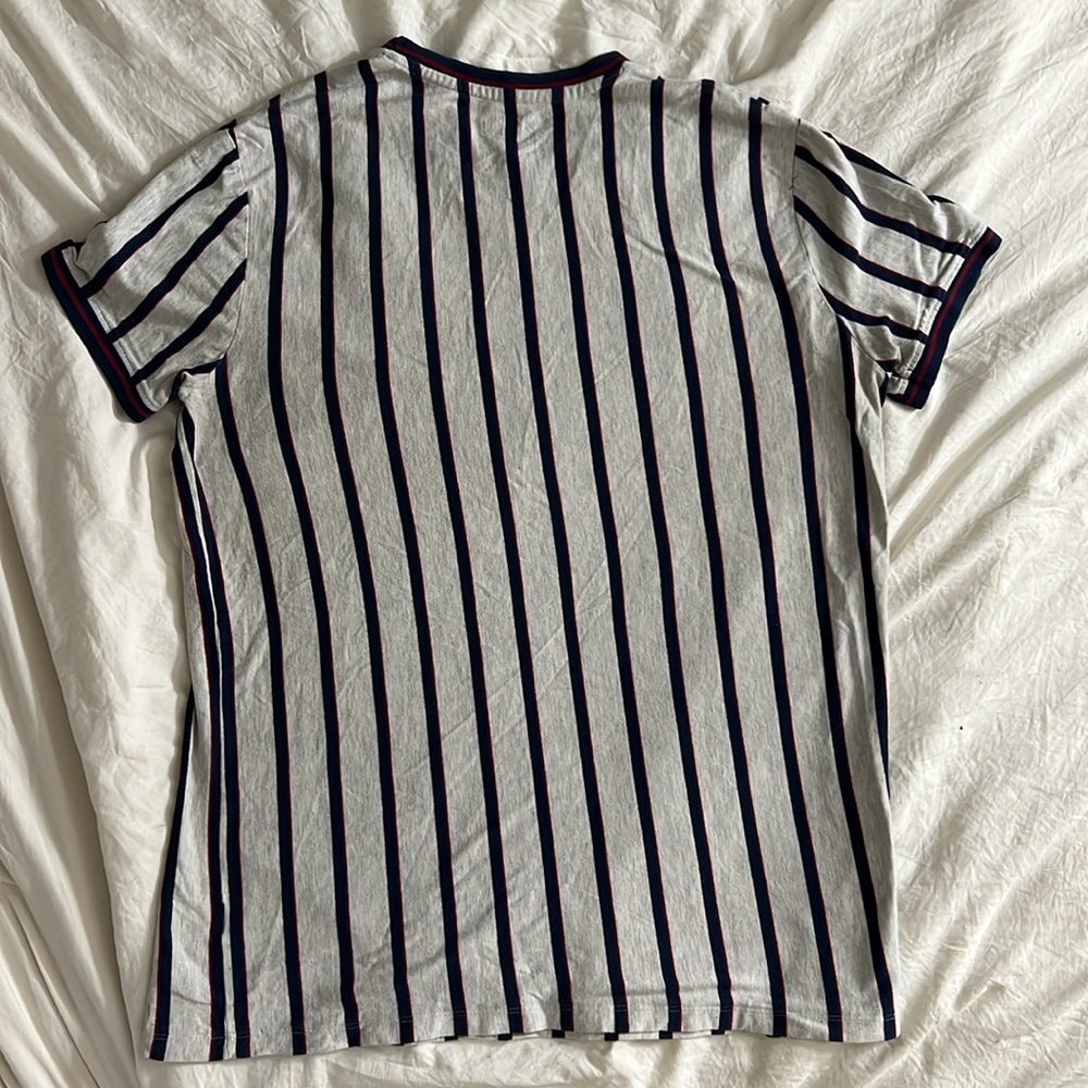 Men's Grey, Blue/ Red Striped Short Sleeve T-Shirt - Picture 3 of 4